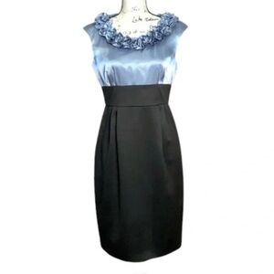 London Times Dress Womens 16W Blue Black Colorblocked Sleeveless Ruffled Neck